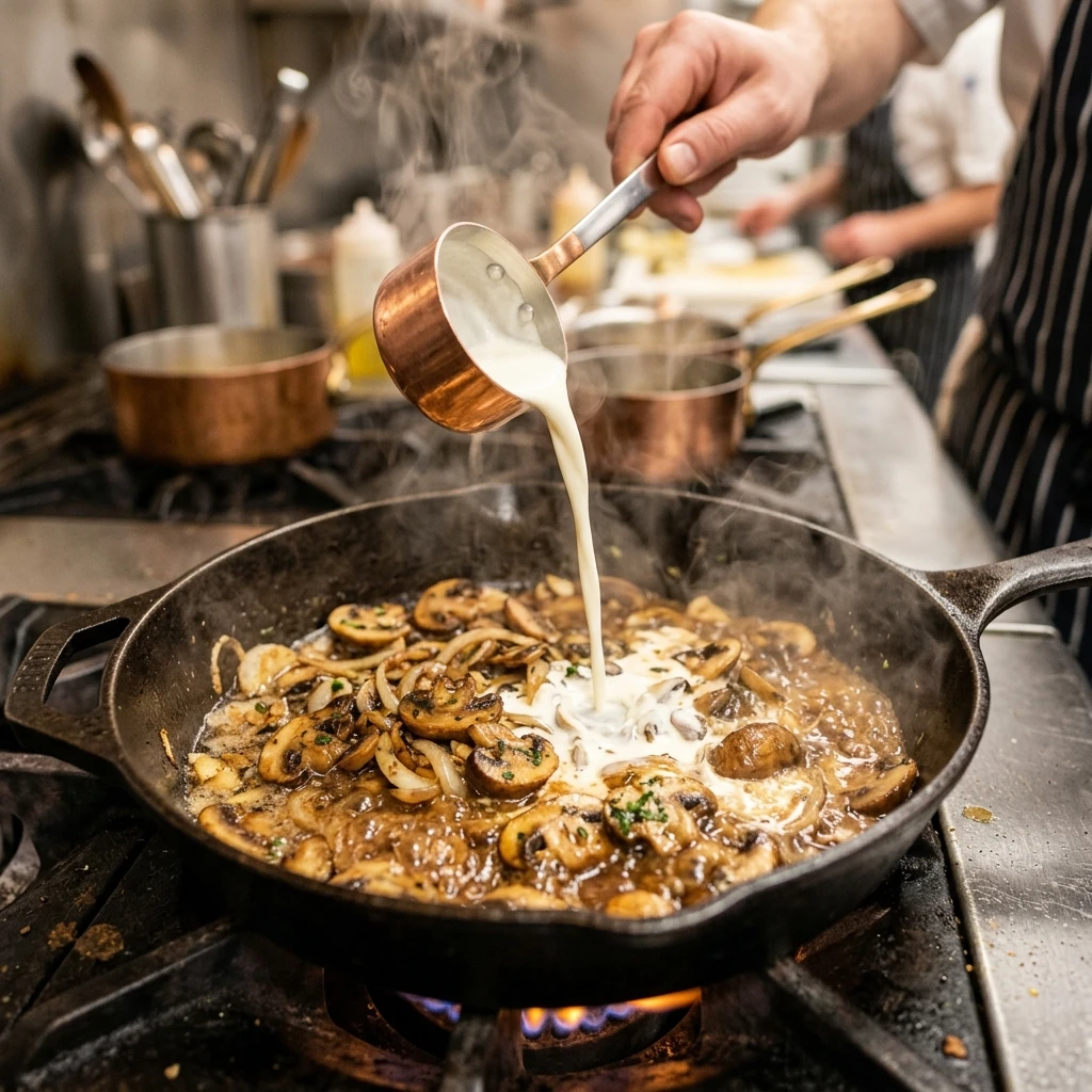 Frische Champignons werden in der Pfanne angebraten